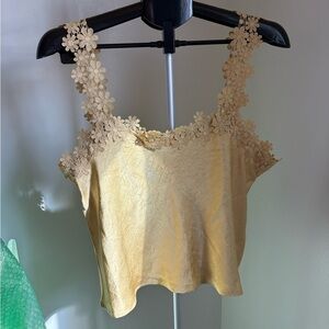 Anthropologie Blue Tassel Floral Lace Strap Yellow Women's Tank Top M Medium